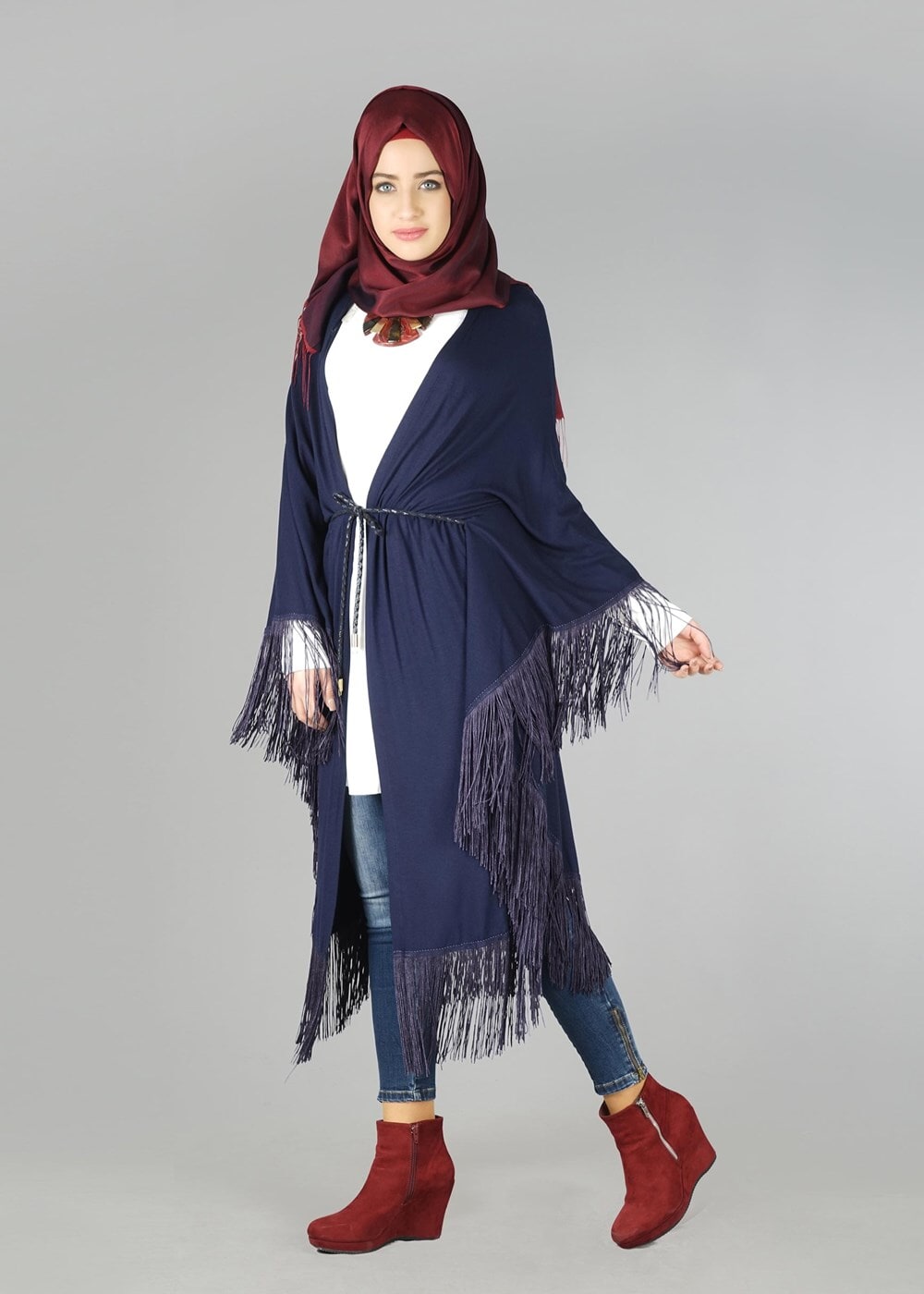 Vêtements hijab BLEU MARINE TUNIQUE À TAILLE-NOUÉE À FRANGES 4452 