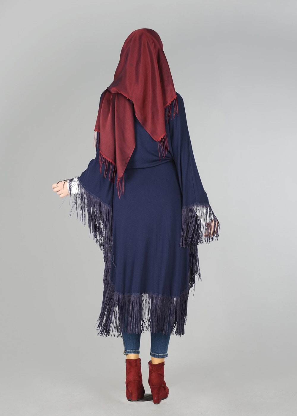 Vêtements hijab BLEU MARINE TUNIQUE À TAILLE-NOUÉE À FRANGES 4452 