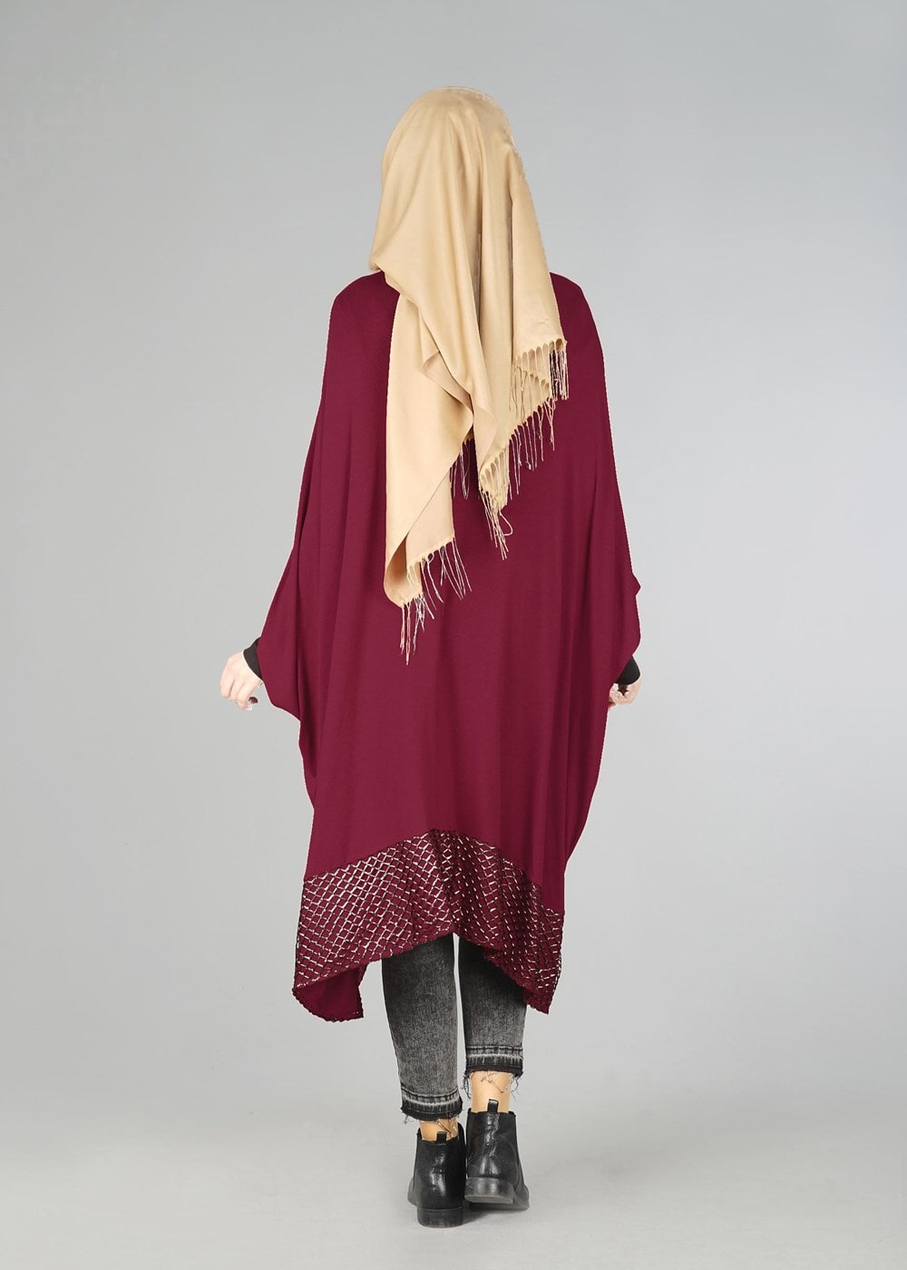 Tesettür giyim BORDO ETEK UCU DESENLİ YARASA KOL TUNİK 4483 