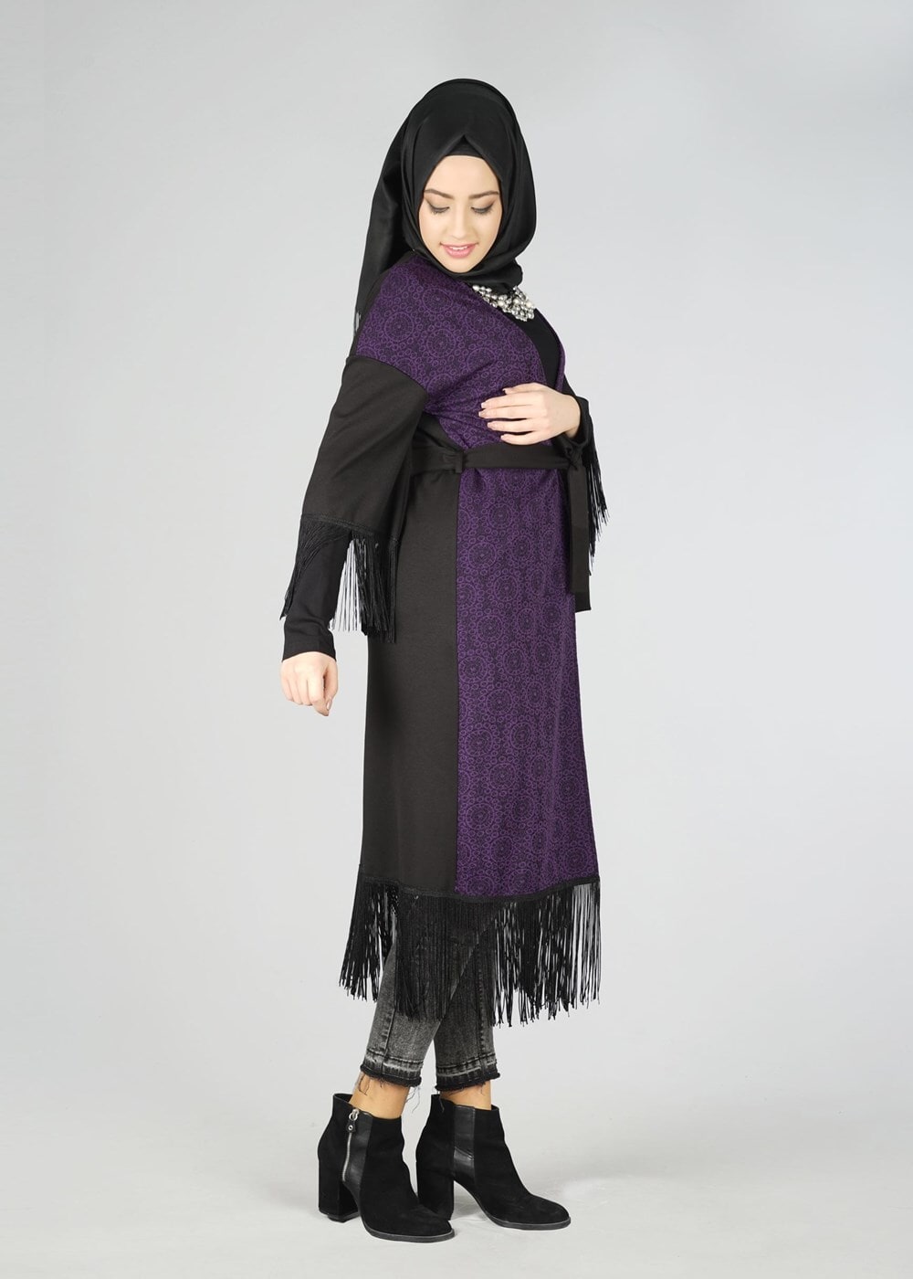 Tesettür giyim MOR PÜSKÜLLÜ KUŞAKLI TUNİK 4492 