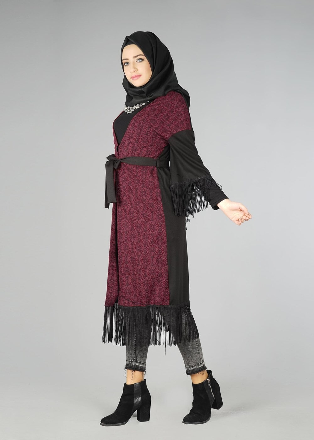 Tesettür giyim BORDO PÜSKÜLLÜ KUŞAKLI TUNİK 4492 