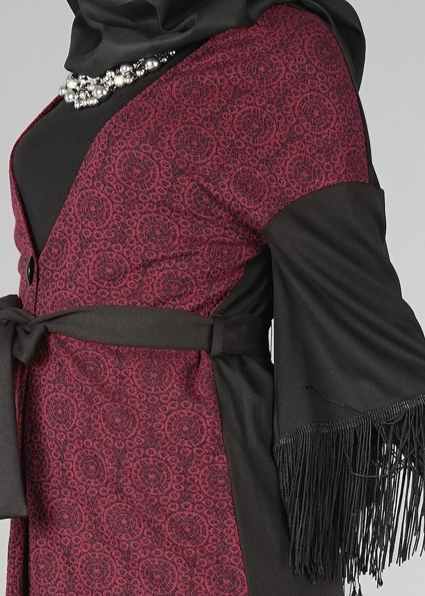 Tesettür giyim BORDO PÜSKÜLLÜ KUŞAKLI TUNİK 4492 