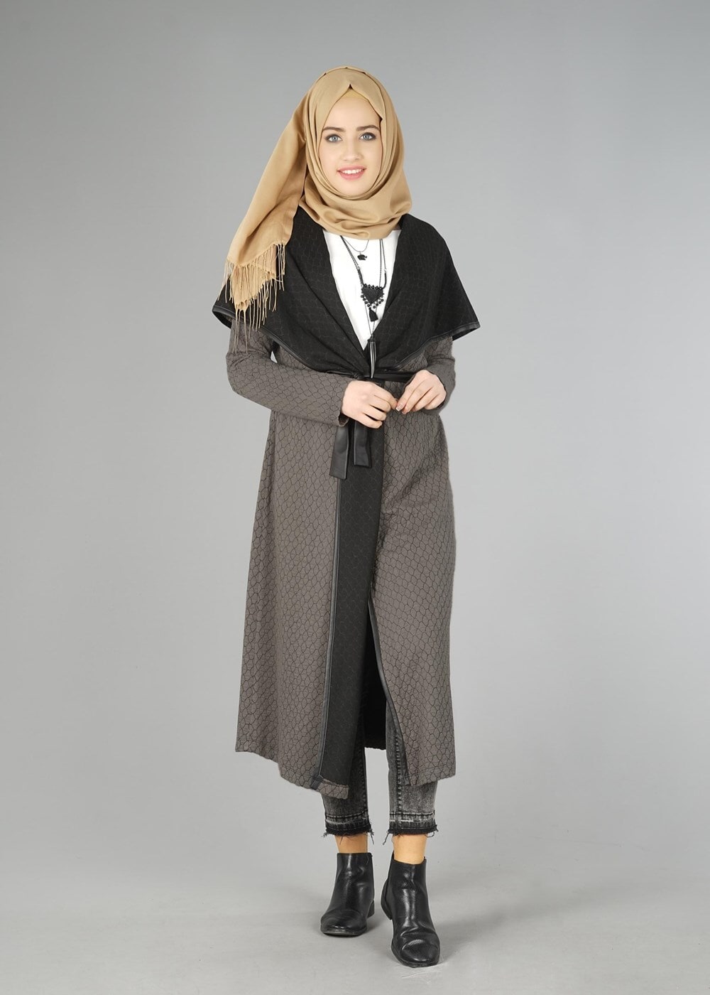 Tesettür giyim VİZON DERİ DETAYLI KUŞAKLI TUNİK 4522-1 