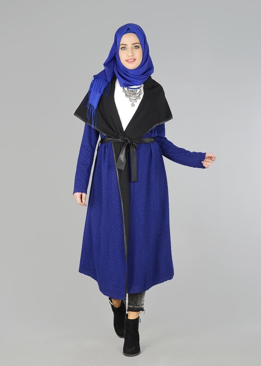 Tesettür giyim LACİVERT DERİ DETAYLI KUŞAKLI TUNİK 4522-1 