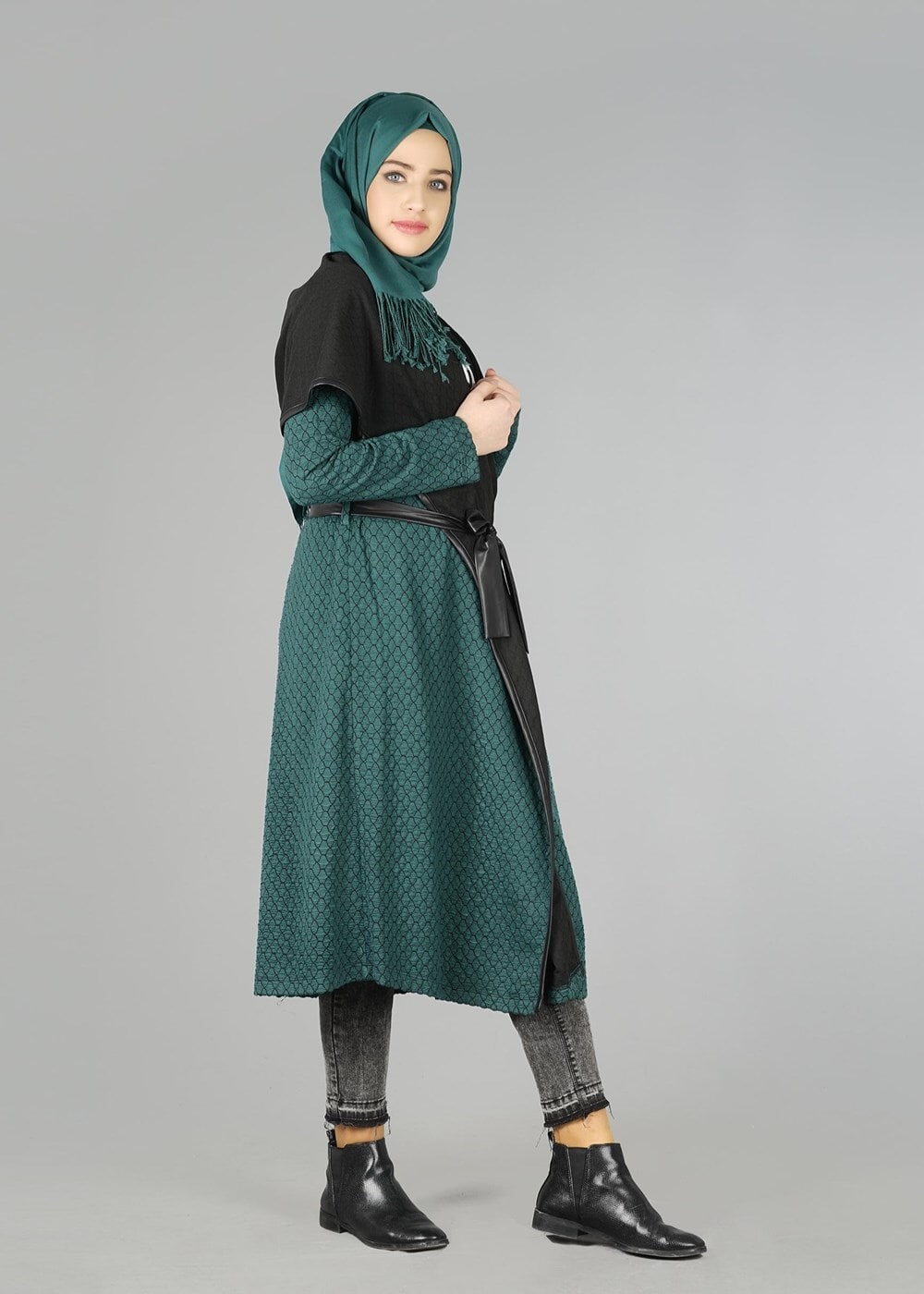 Tesettür giyim YEŞİL DERİ DETAYLI KUŞAKLI TUNİK 4522-1 