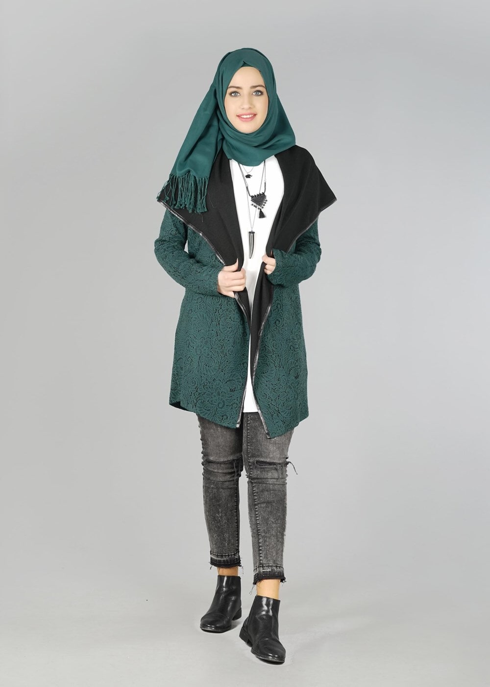 Tesettür giyim YEŞİL DERİ KUŞAKLI TUNİK 4523 
