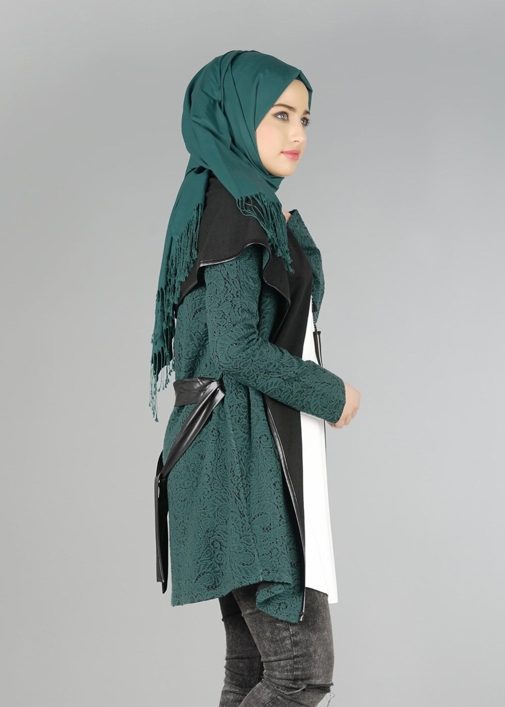 Tesettür giyim YEŞİL DERİ KUŞAKLI TUNİK 4523 
