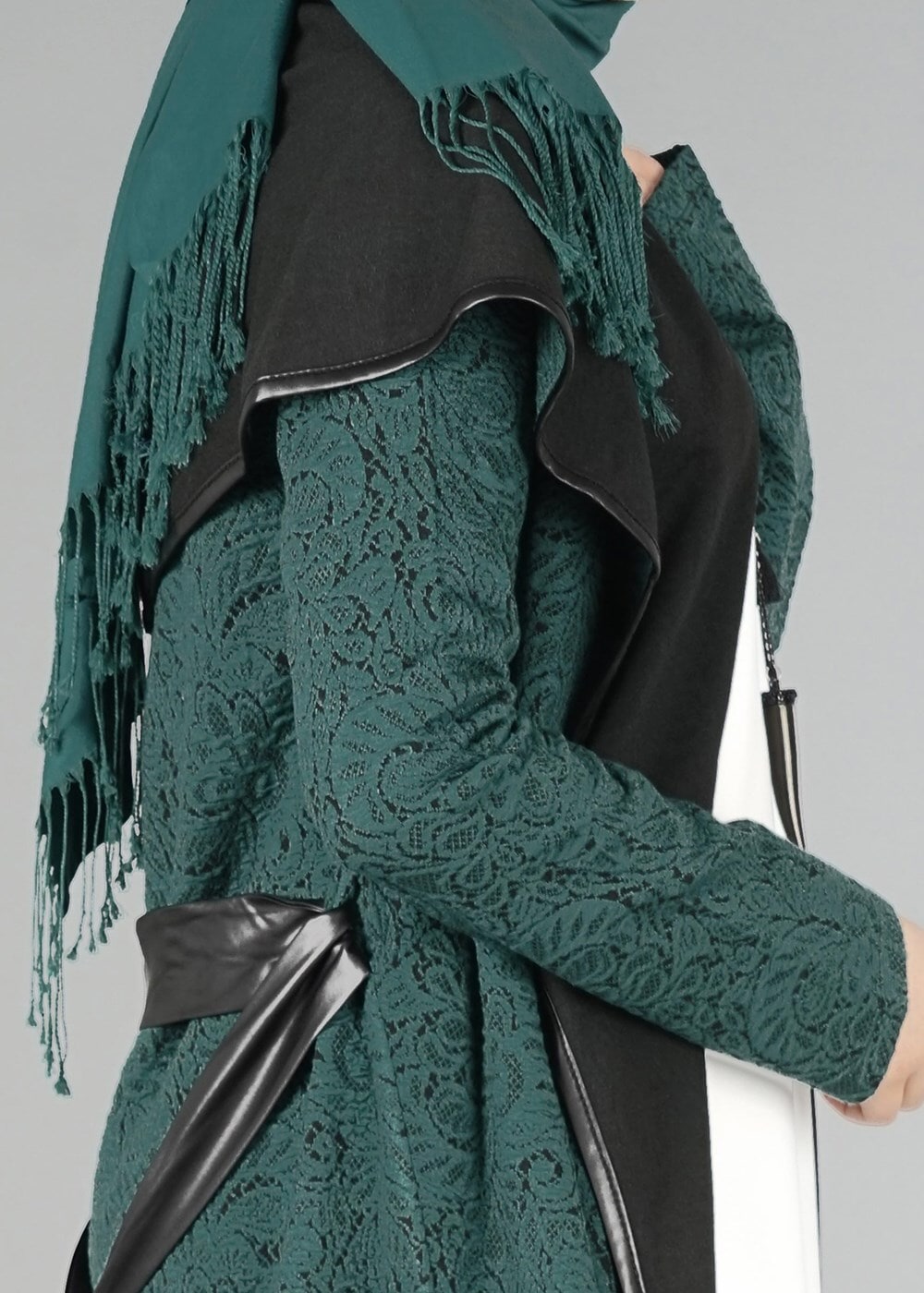 Tesettür giyim YEŞİL DERİ KUŞAKLI TUNİK 4523 