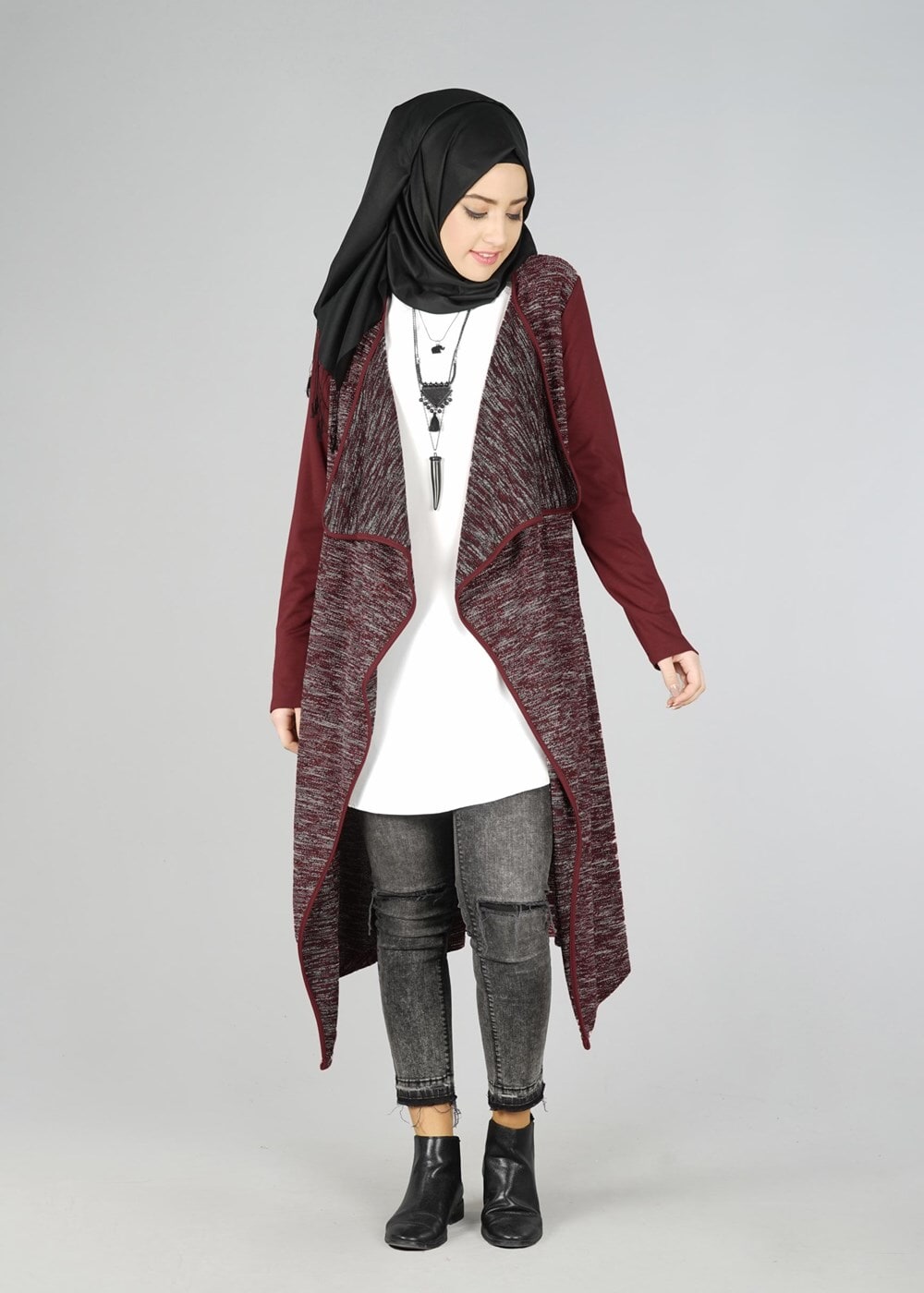 Tesettür giyim BORDO ŞAL YAKA ASİMETRİK KESİM TUNİK 4542 