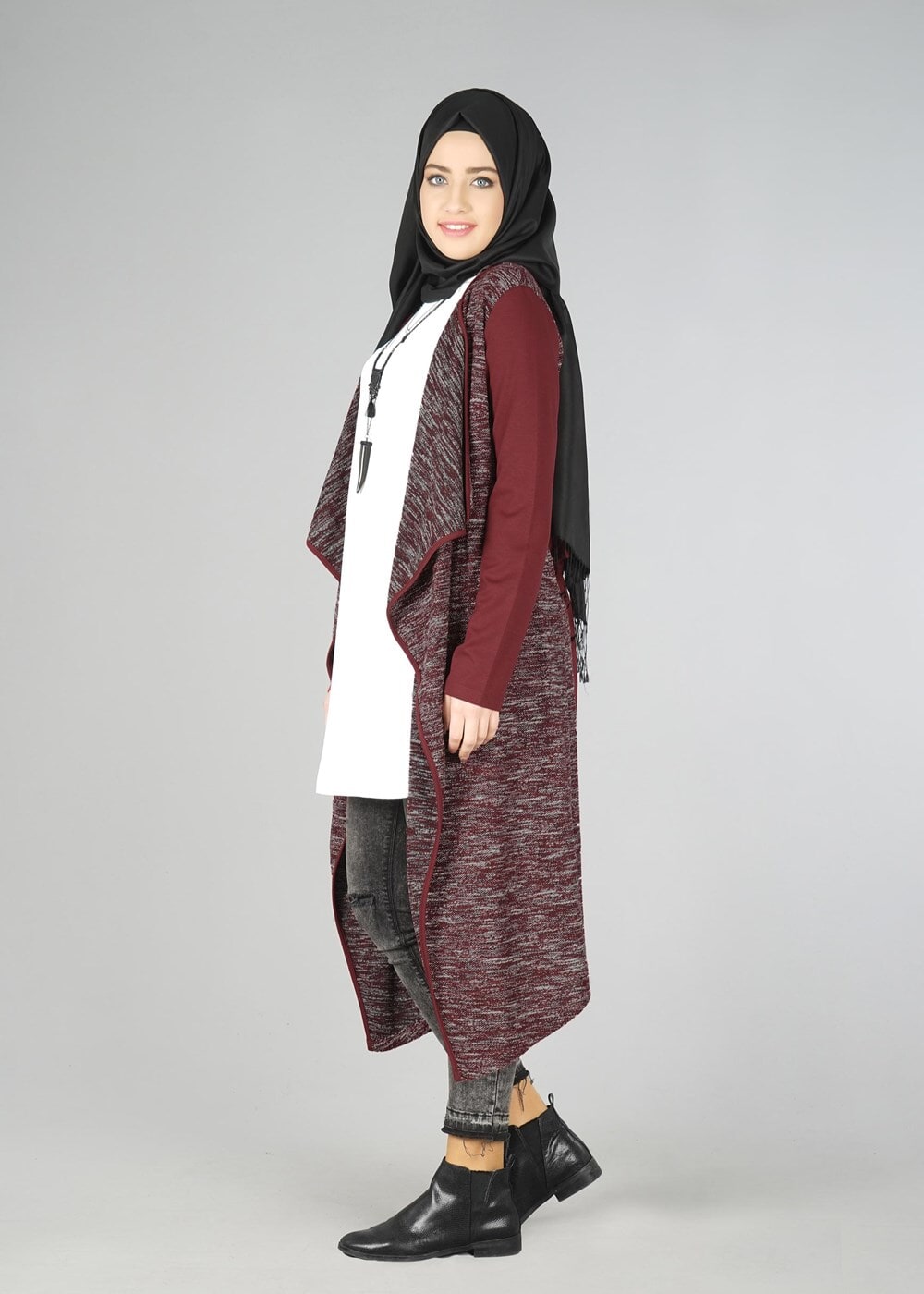 Tesettür giyim BORDO ŞAL YAKA ASİMETRİK KESİM TUNİK 4542 