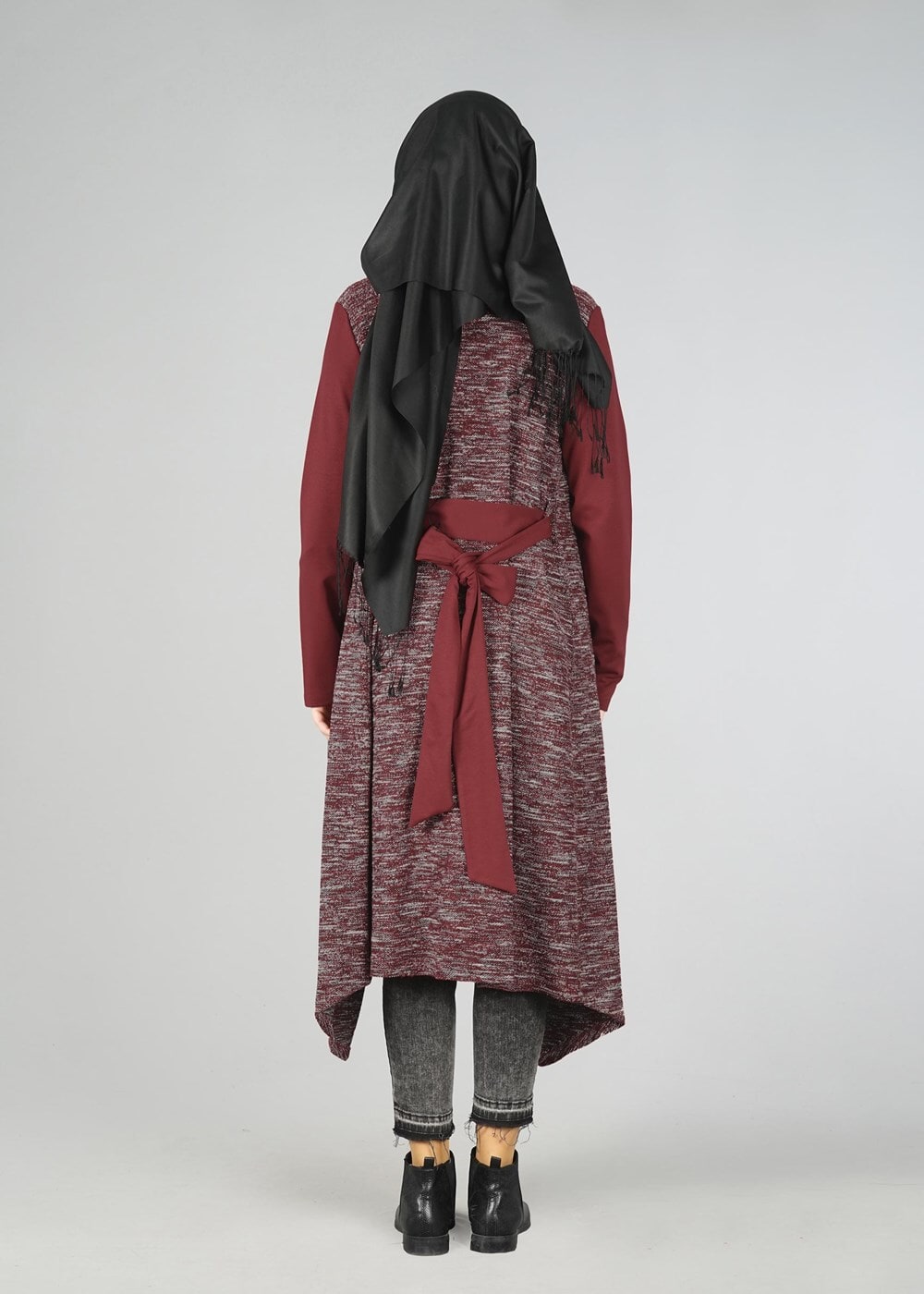 Tesettür giyim BORDO ŞAL YAKA ASİMETRİK KESİM TUNİK 4542 