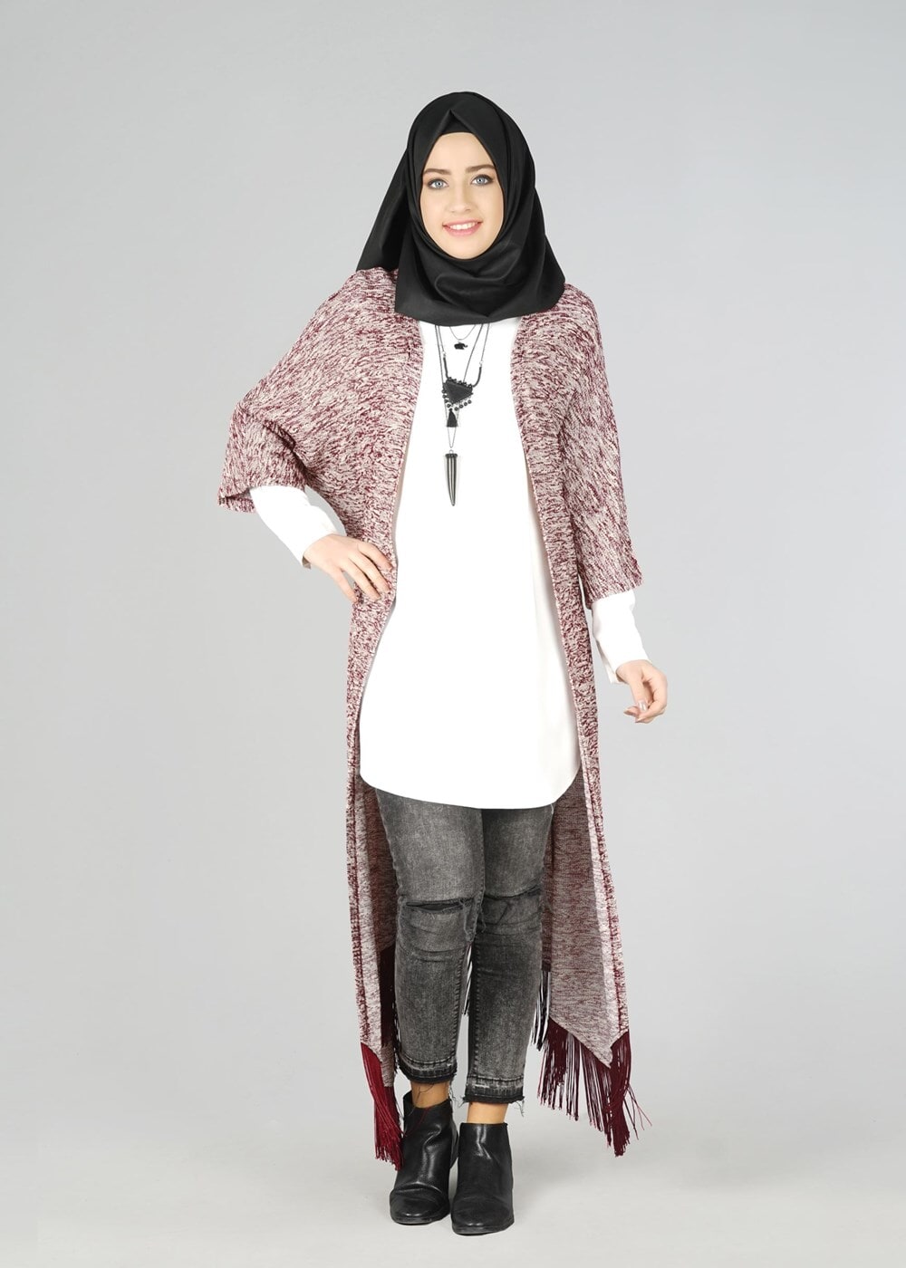 Tesettür giyim BORDO KUŞAKLI TUNİK 4543 