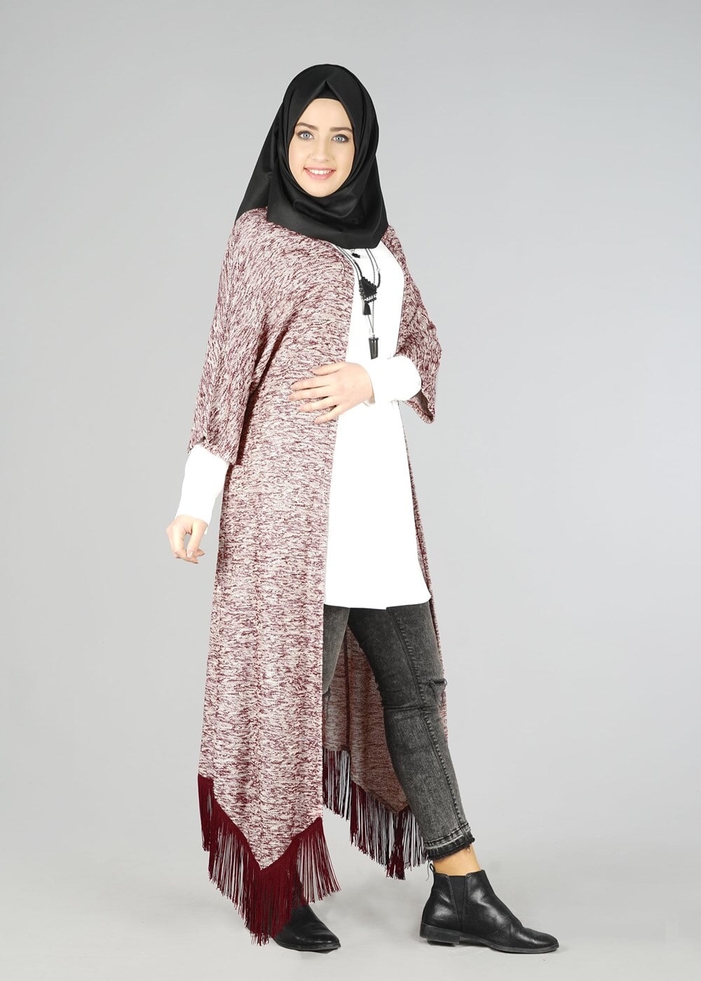 Tesettür giyim BORDO KUŞAKLI TUNİK 4543 