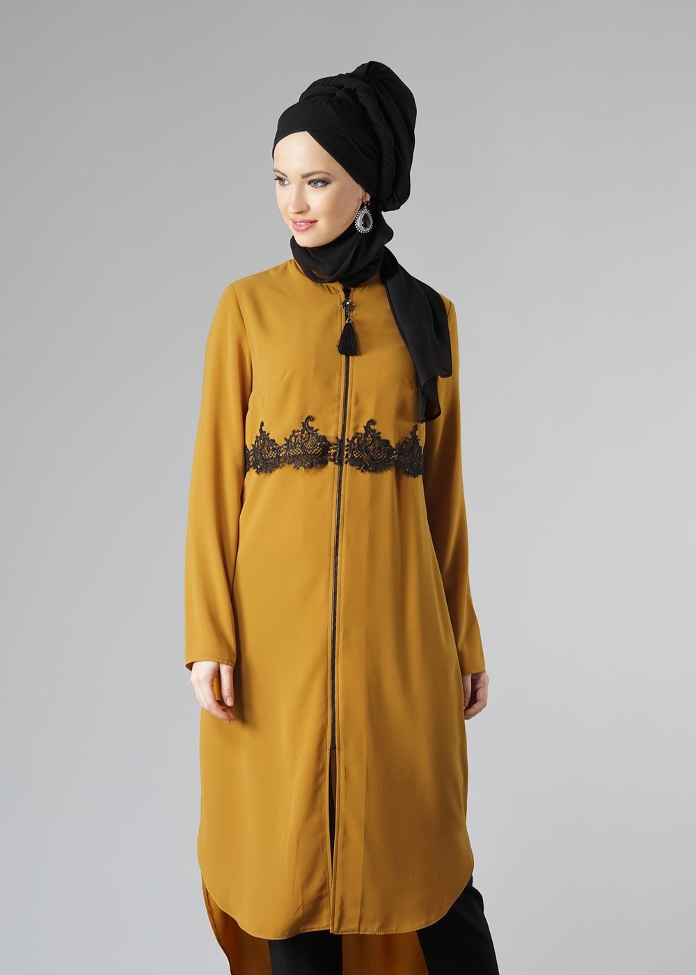Tesettür giyim TURUNCU DANTEL DETAYLI FERMUARLI TUNİK 4790 