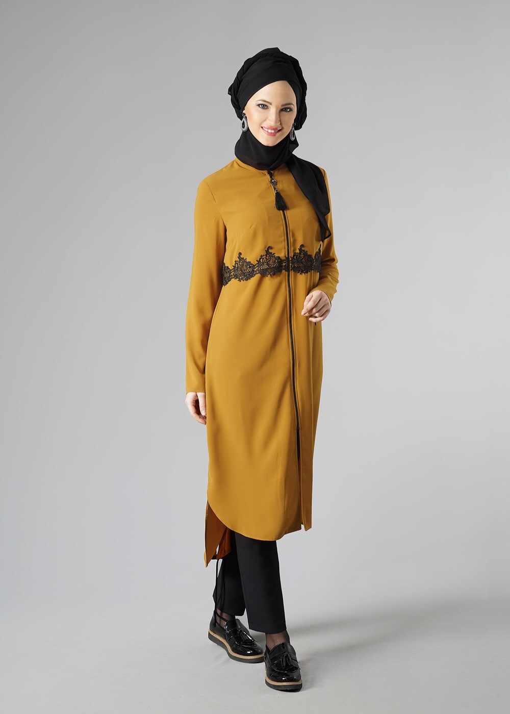 Tesettür giyim TURUNCU DANTEL DETAYLI FERMUARLI TUNİK 4790 