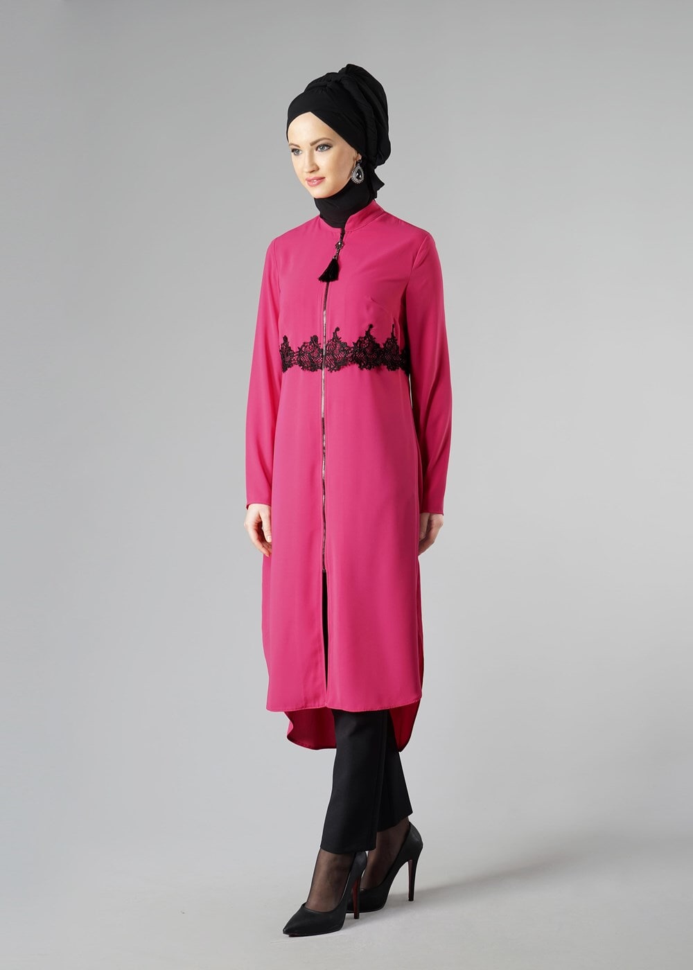 Tesettür giyim FUŞYA DANTEL DETAYLI FERMUARLI TUNİK 4790 