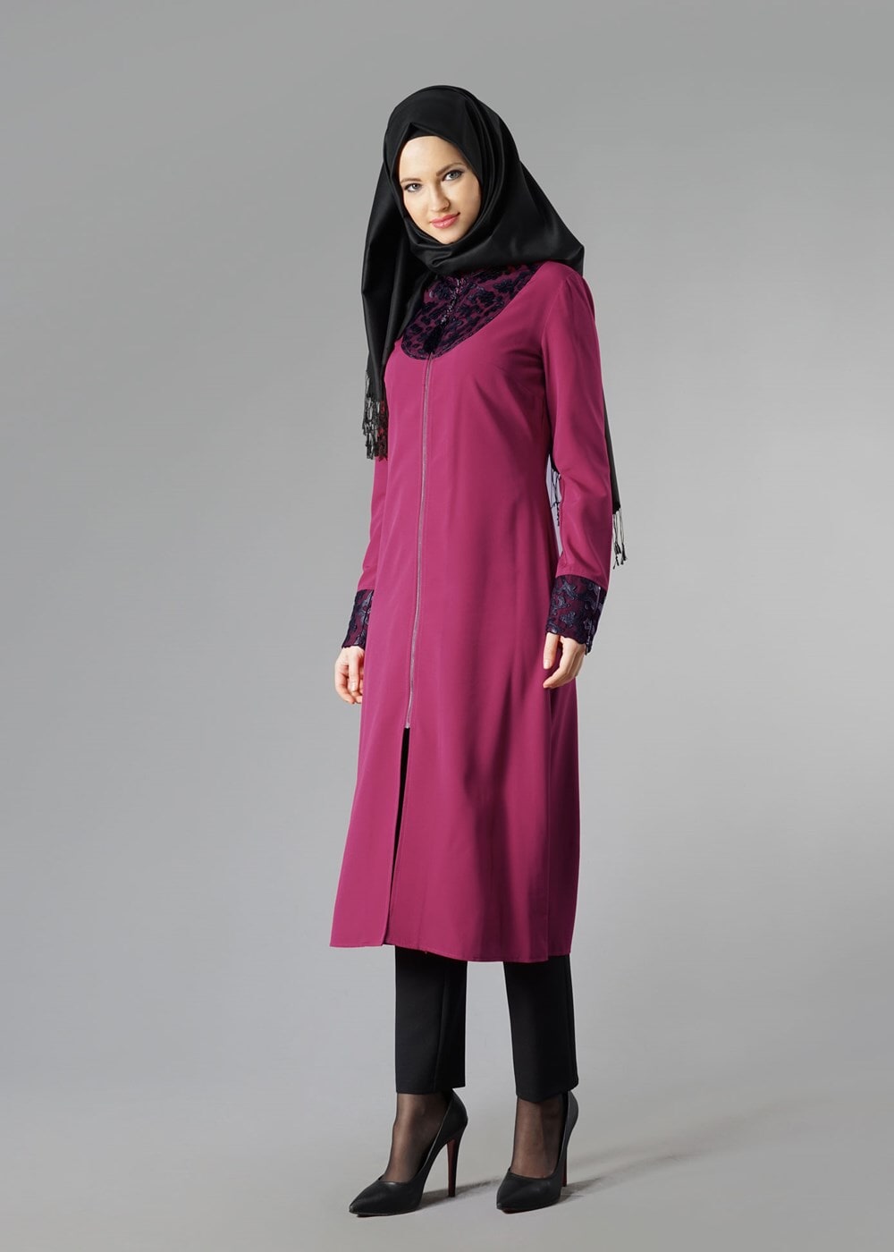 Tesettür giyim FUŞYA FERMUARLI GÜPÜRLÜ TUNİK 4791 
