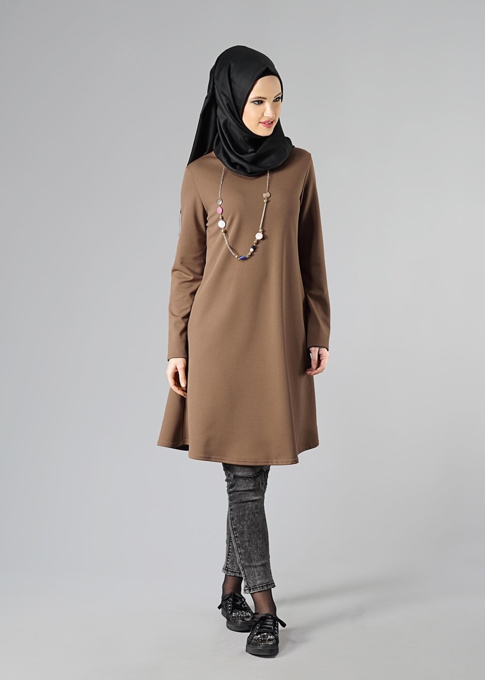 Tesettür giyim KAHVE BASIC BİSİKLET YAKA TUNİK 4810-2 