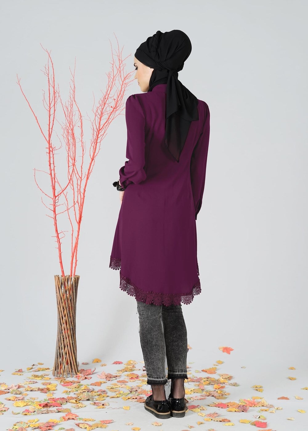 Hijab clothing PURPLE TUNIC WITH LACED HEM 3091 