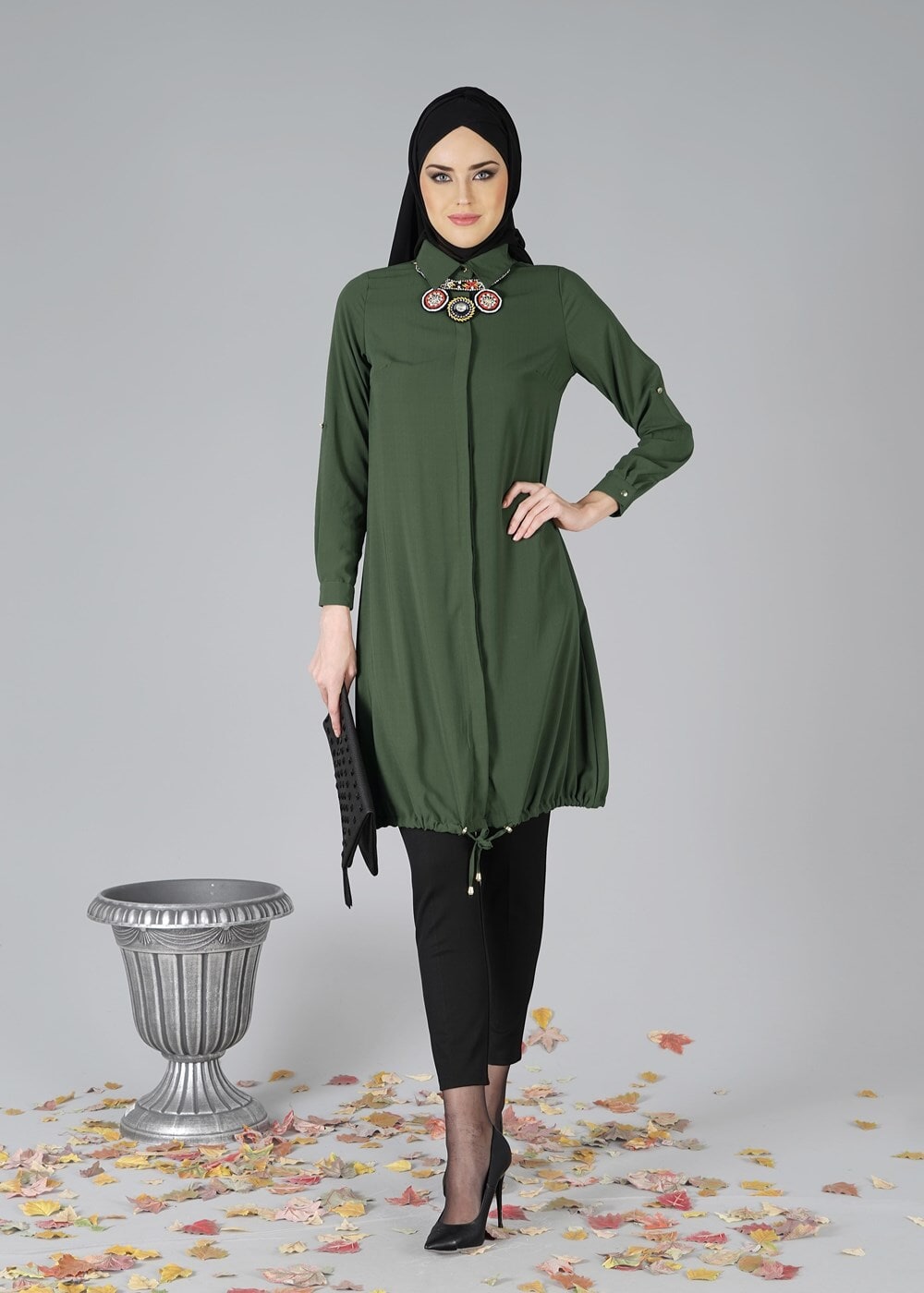 Tesettür giyim HAKİ ETEK UCU BÜZGÜLÜ TUNİK 3187 