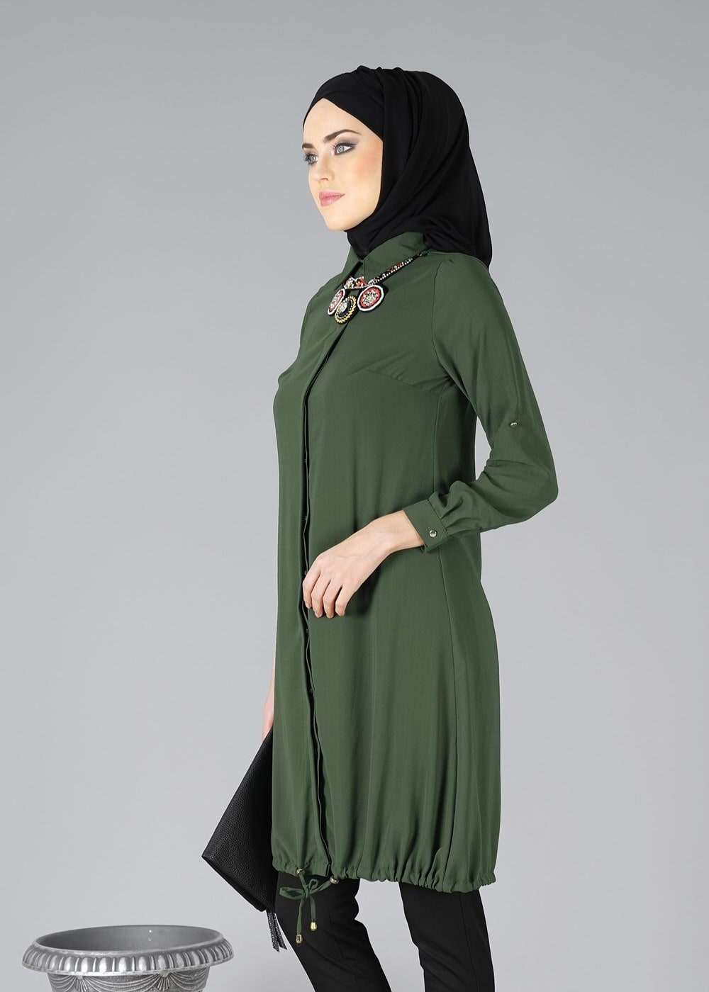Tesettür giyim HAKİ ETEK UCU BÜZGÜLÜ TUNİK 3187 