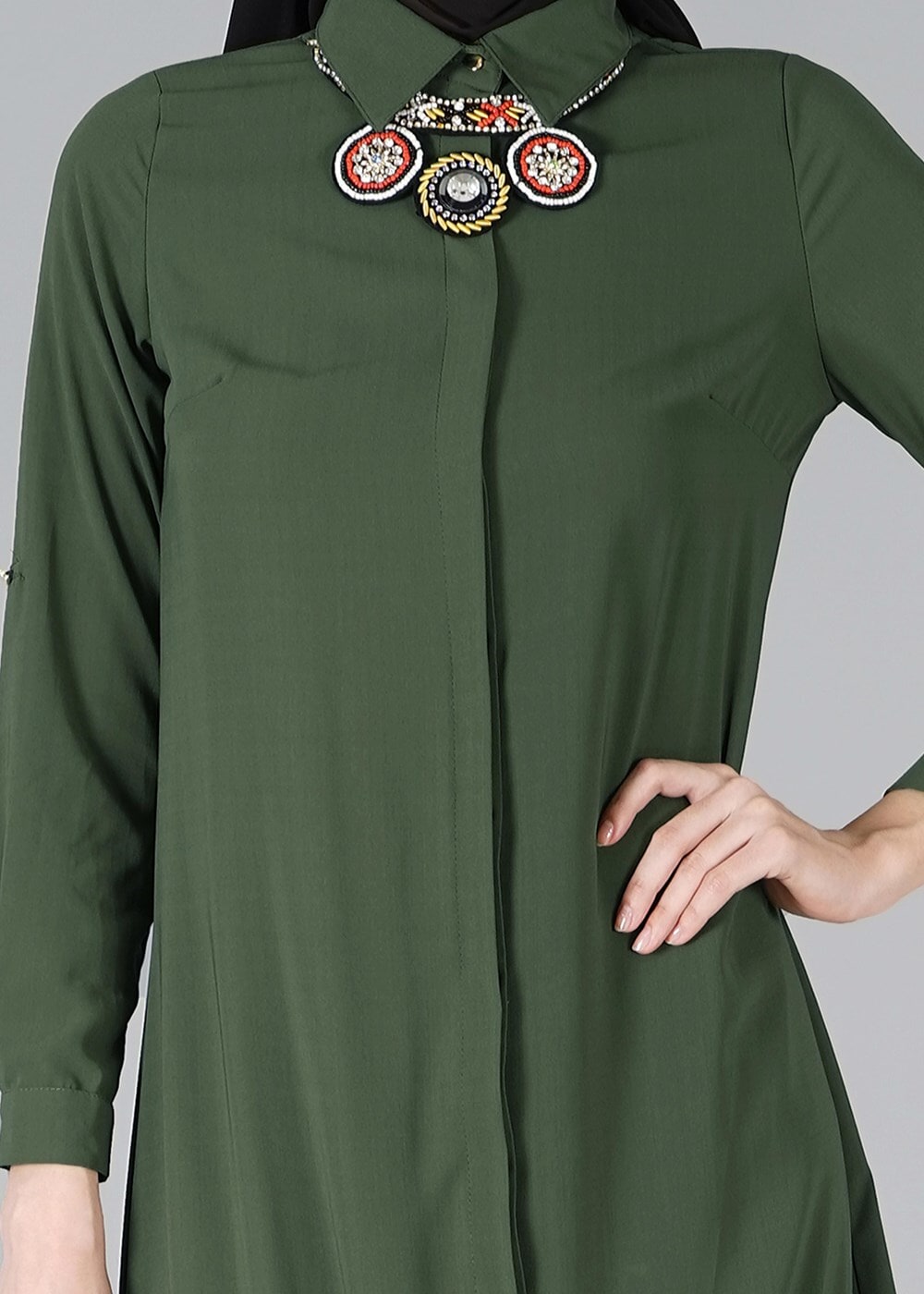 Tesettür giyim HAKİ ETEK UCU BÜZGÜLÜ TUNİK 3187 