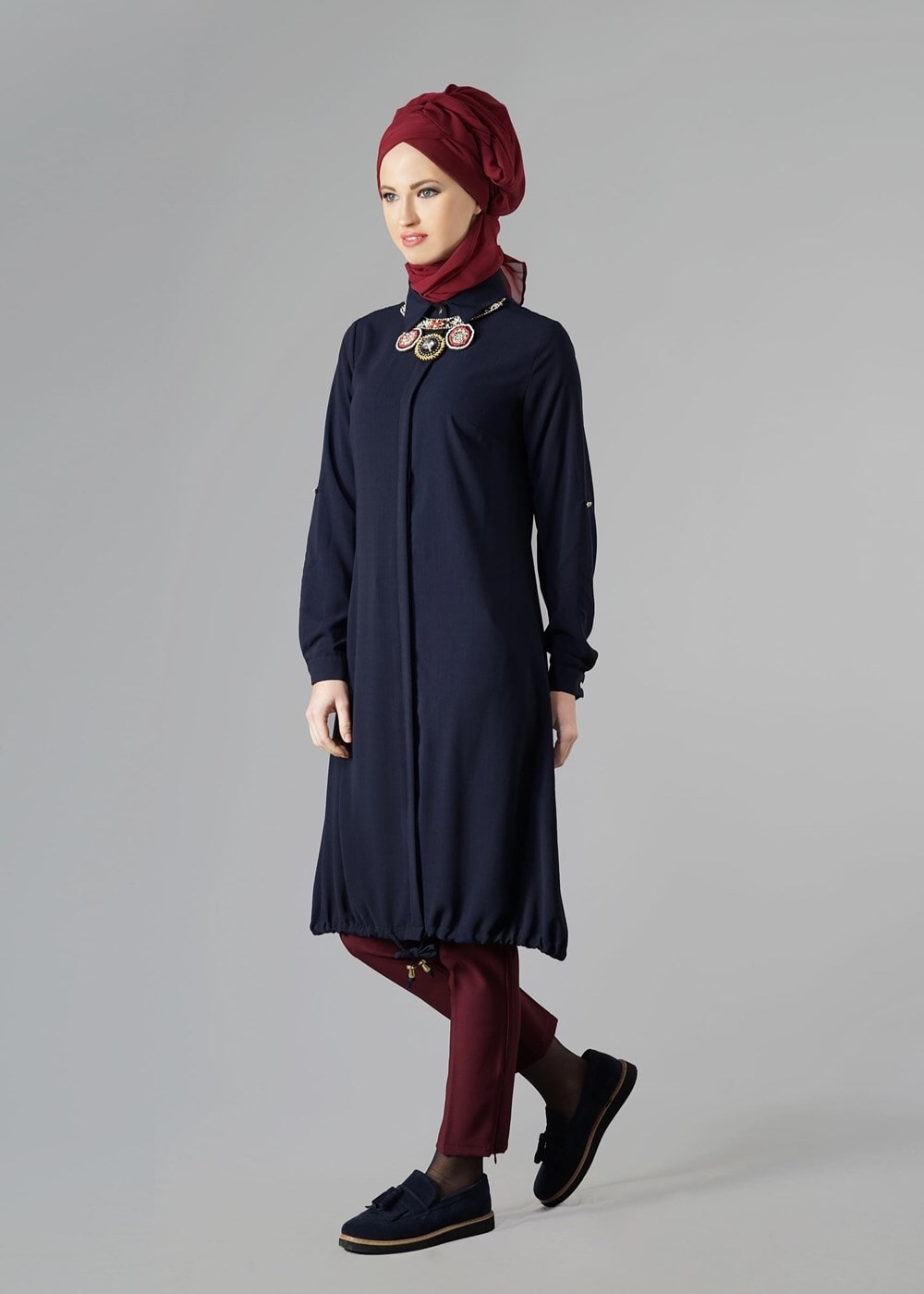 Tesettür giyim LACİVERT ETEK UCU BÜZGÜLÜ TUNİK 3187 