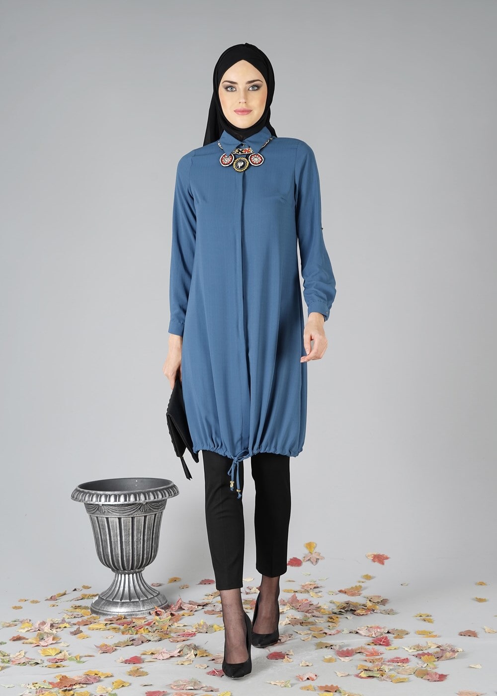 Tesettür giyim LACİVERT ETEK UCU BÜZGÜLÜ TUNİK 3187 