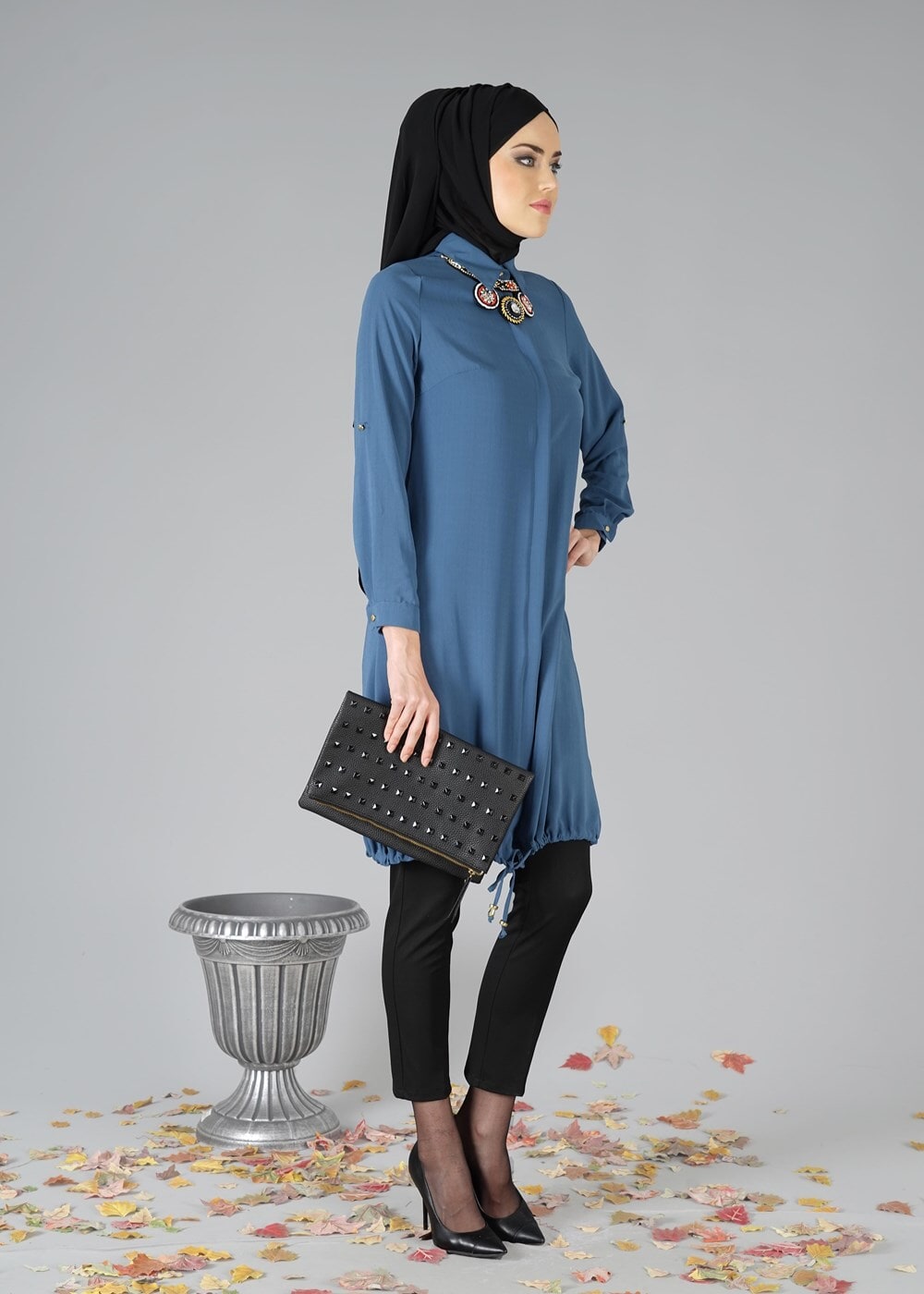 Tesettür giyim LACİVERT ETEK UCU BÜZGÜLÜ TUNİK 3187 