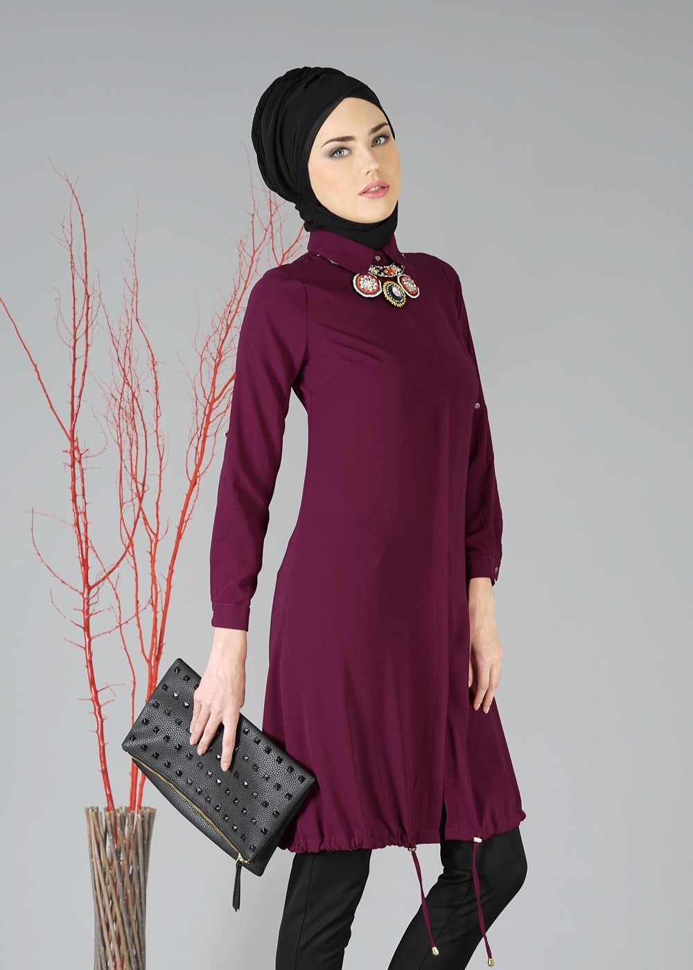 Tesettür giyim MOR ETEK UCU BÜZGÜLÜ TUNİK 3187 