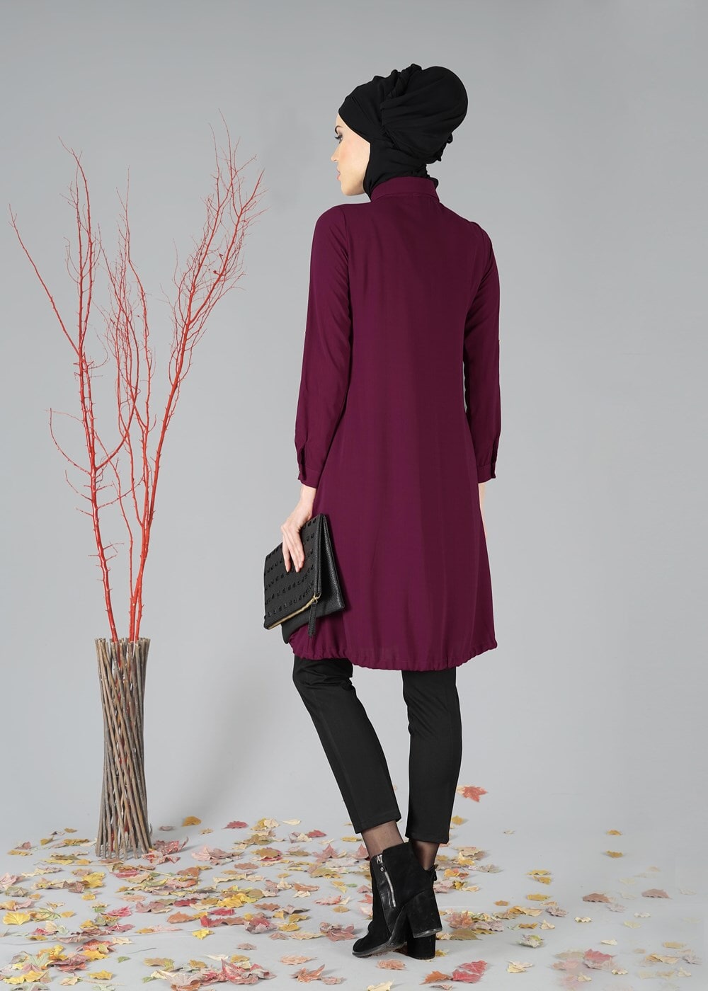 Tesettür giyim MOR ETEK UCU BÜZGÜLÜ TUNİK 3187 
