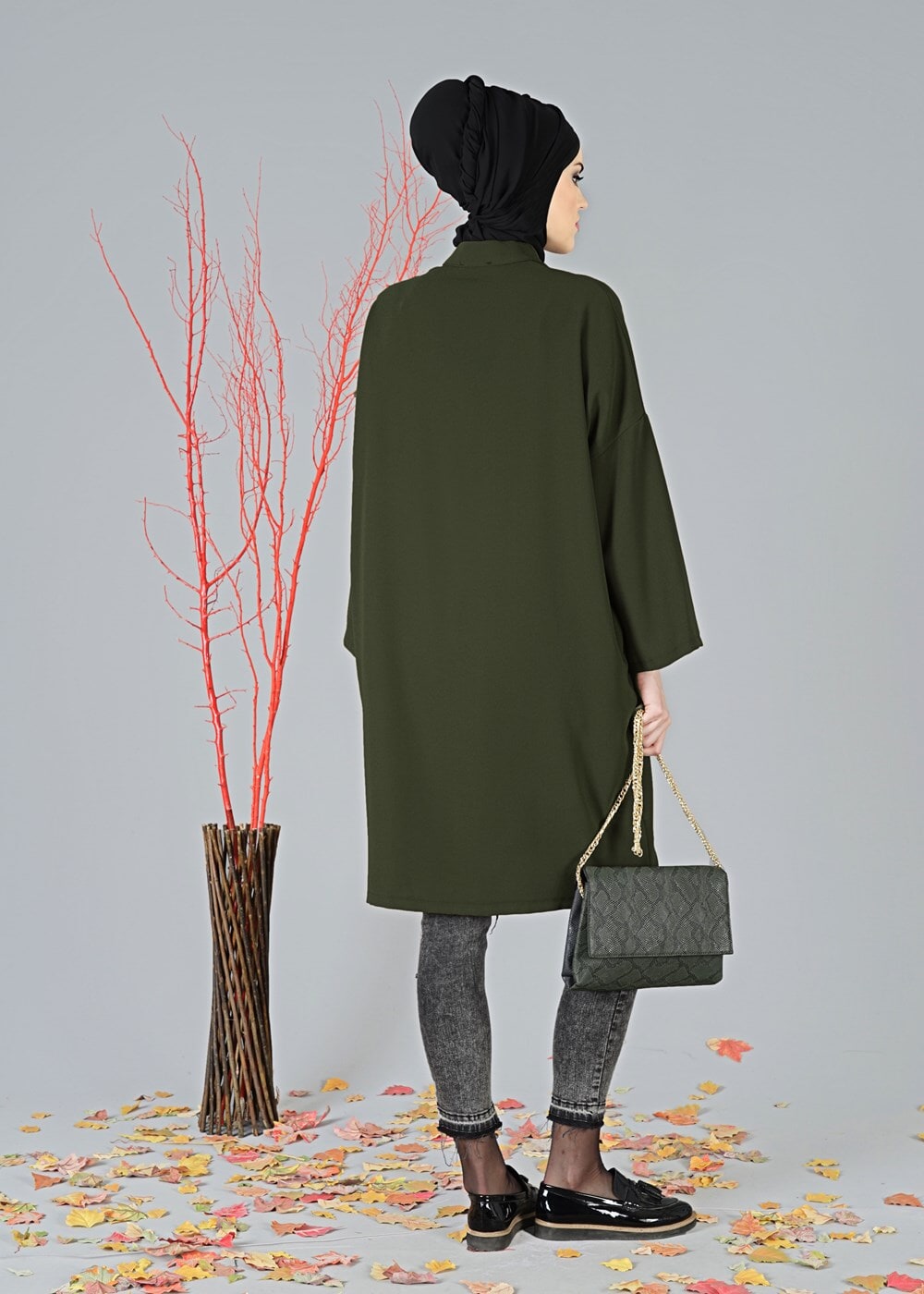 Tesettür giyim HAKİ KOLLARI GENİŞ KESİM TUNİK 5011 