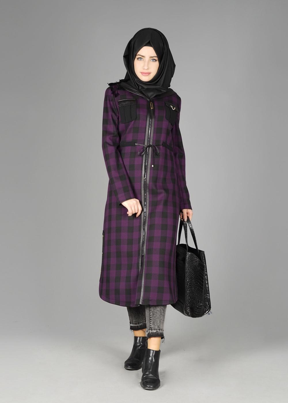 Tesettür giyim MOR EKOSE TRENÇKOT 1898 