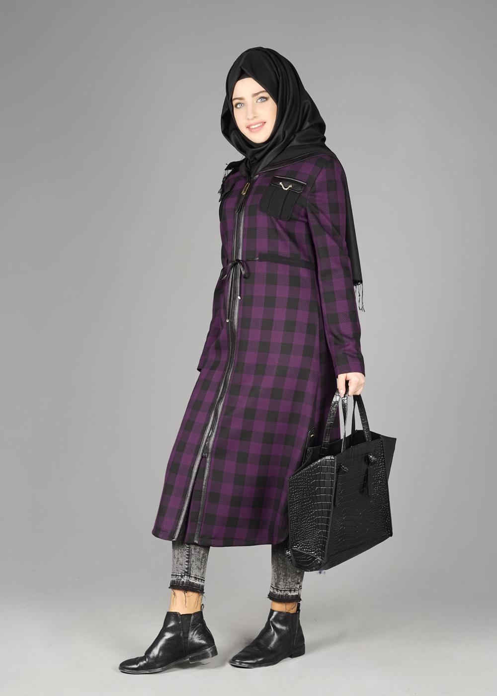 Tesettür giyim MOR EKOSE TRENÇKOT 1898 