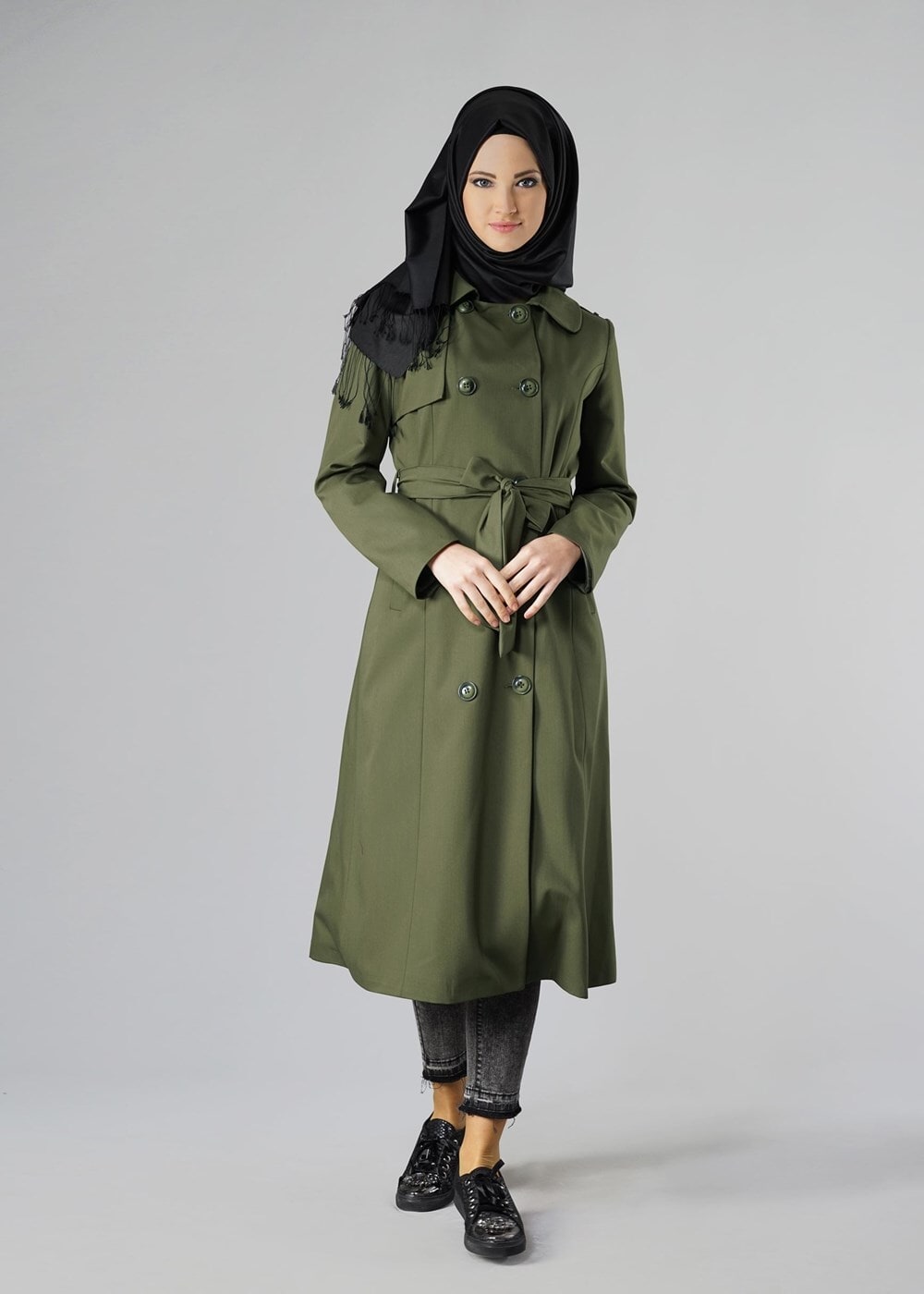 Vêtements hijab KAKI TRENCH-COAT CLASSIQUE AVEC CEINTURE 1008