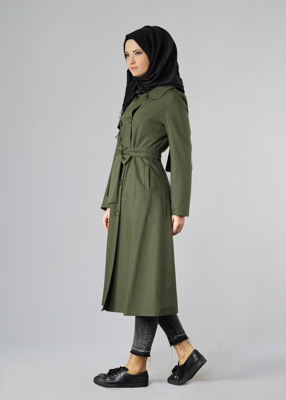Vêtements hijab KAKI TRENCH-COAT CLASSIQUE AVEC CEINTURE 1008