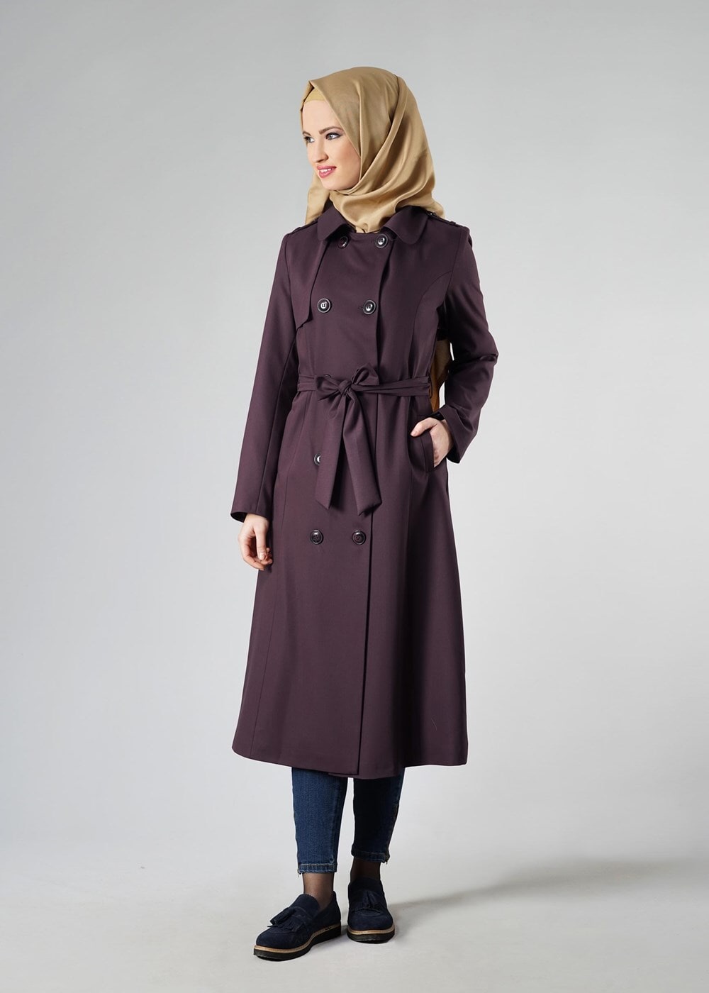 Vêtements hijab PRUNE TRENCH-COAT CLASSIQUE AVEC CEINTURE 1008