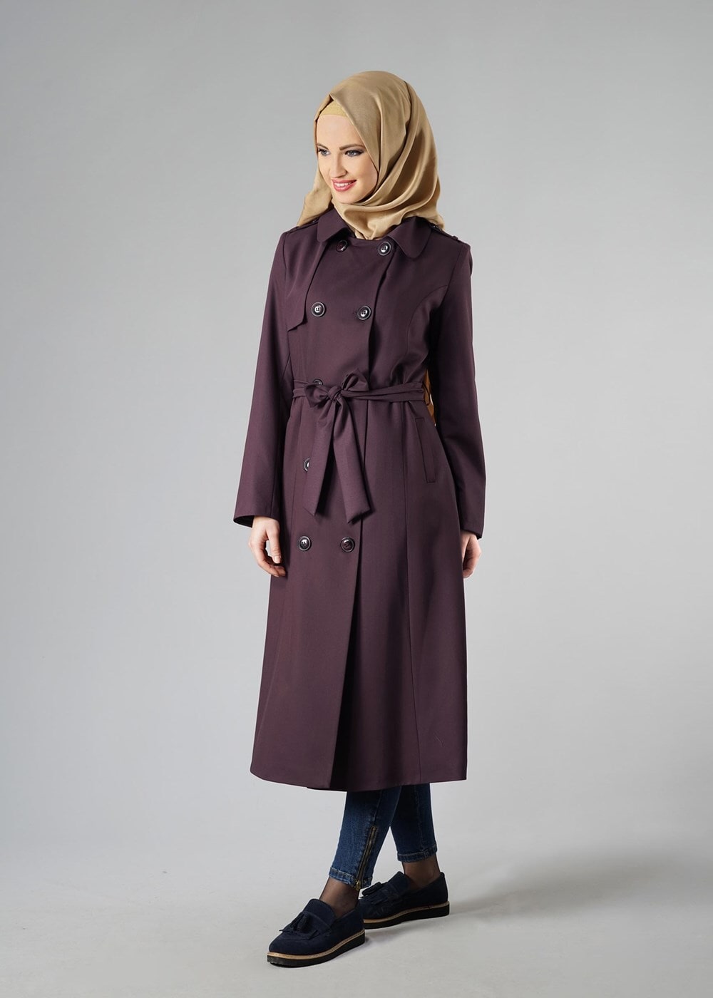 Vêtements hijab PRUNE TRENCH-COAT CLASSIQUE AVEC CEINTURE 1008