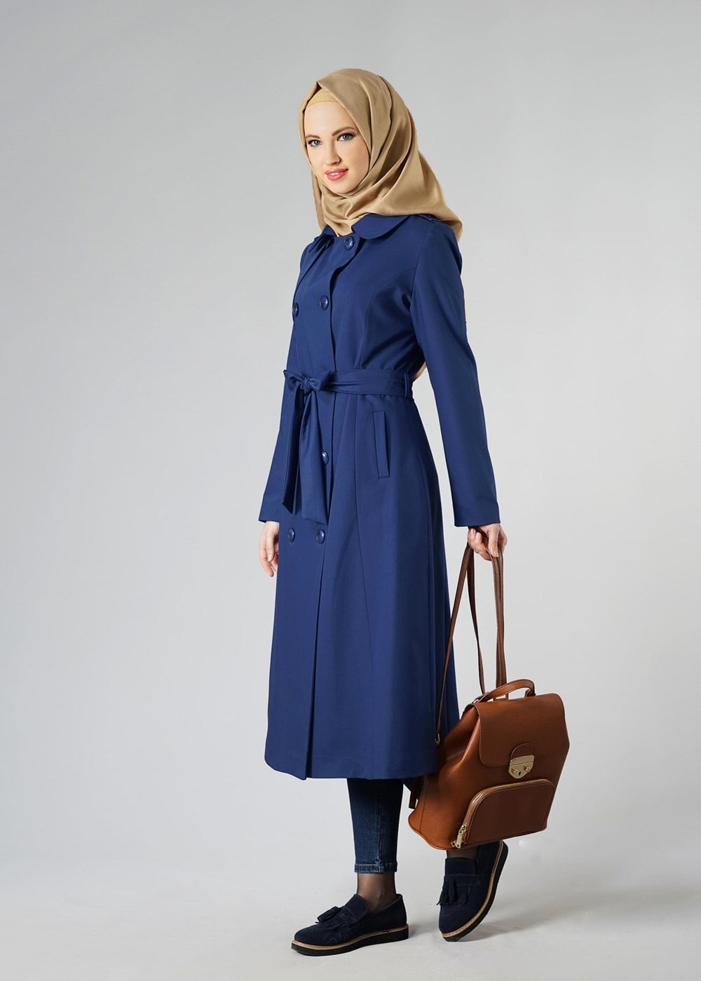 Hijab clothing NAVY BLUE DOUBLE-BREASTED BELTED CLASSIC TRENCH-COAT 1008