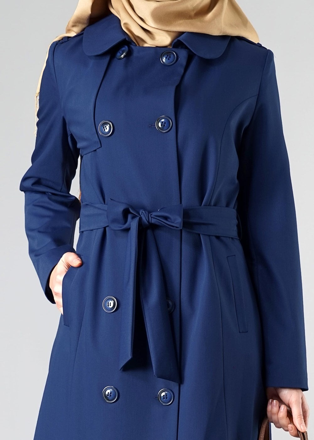 Hijab clothing NAVY BLUE DOUBLE-BREASTED BELTED CLASSIC TRENCH-COAT 1008
