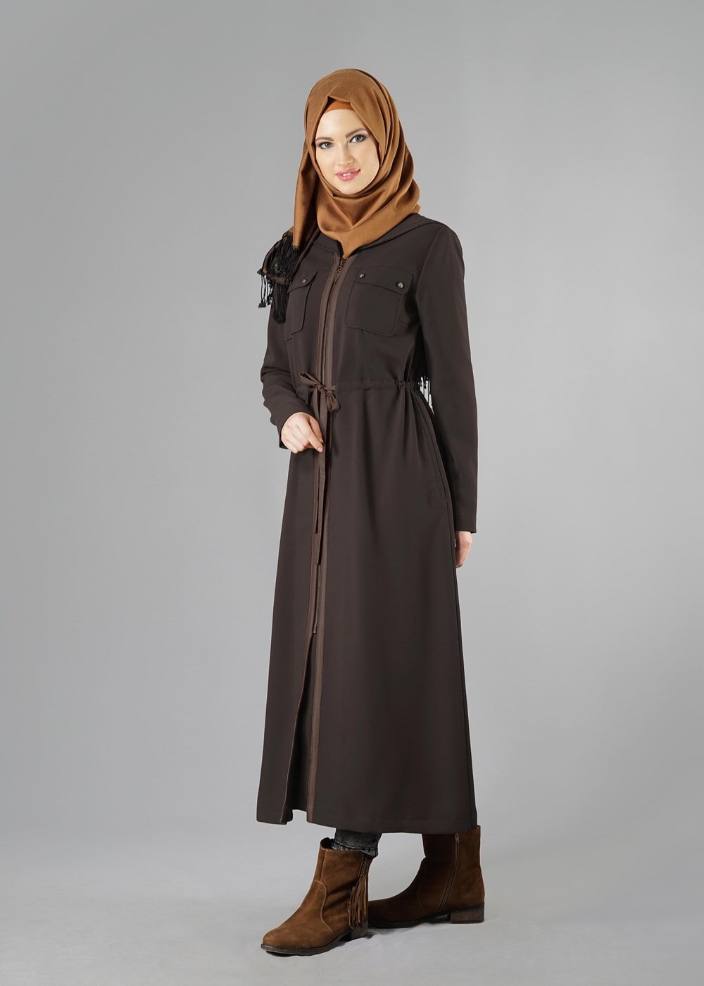 Tesettür giyim KAHVE FERMUARLI KAPÜŞONLU TRENÇKOT 1344