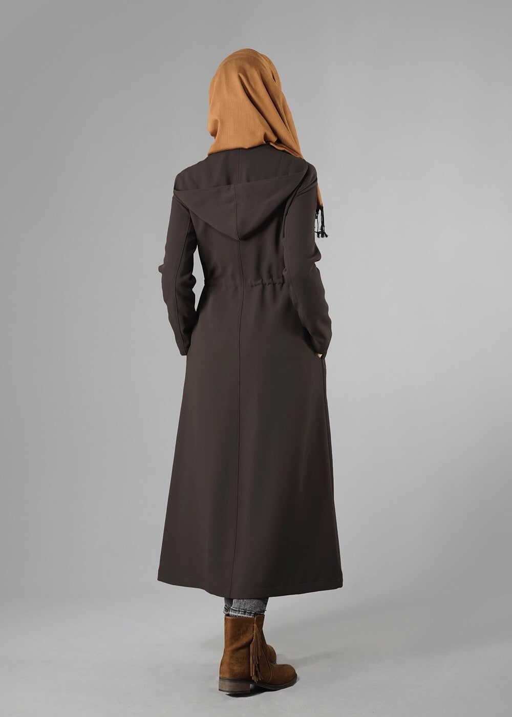 Tesettür giyim KAHVE FERMUARLI KAPÜŞONLU TRENÇKOT 1344
