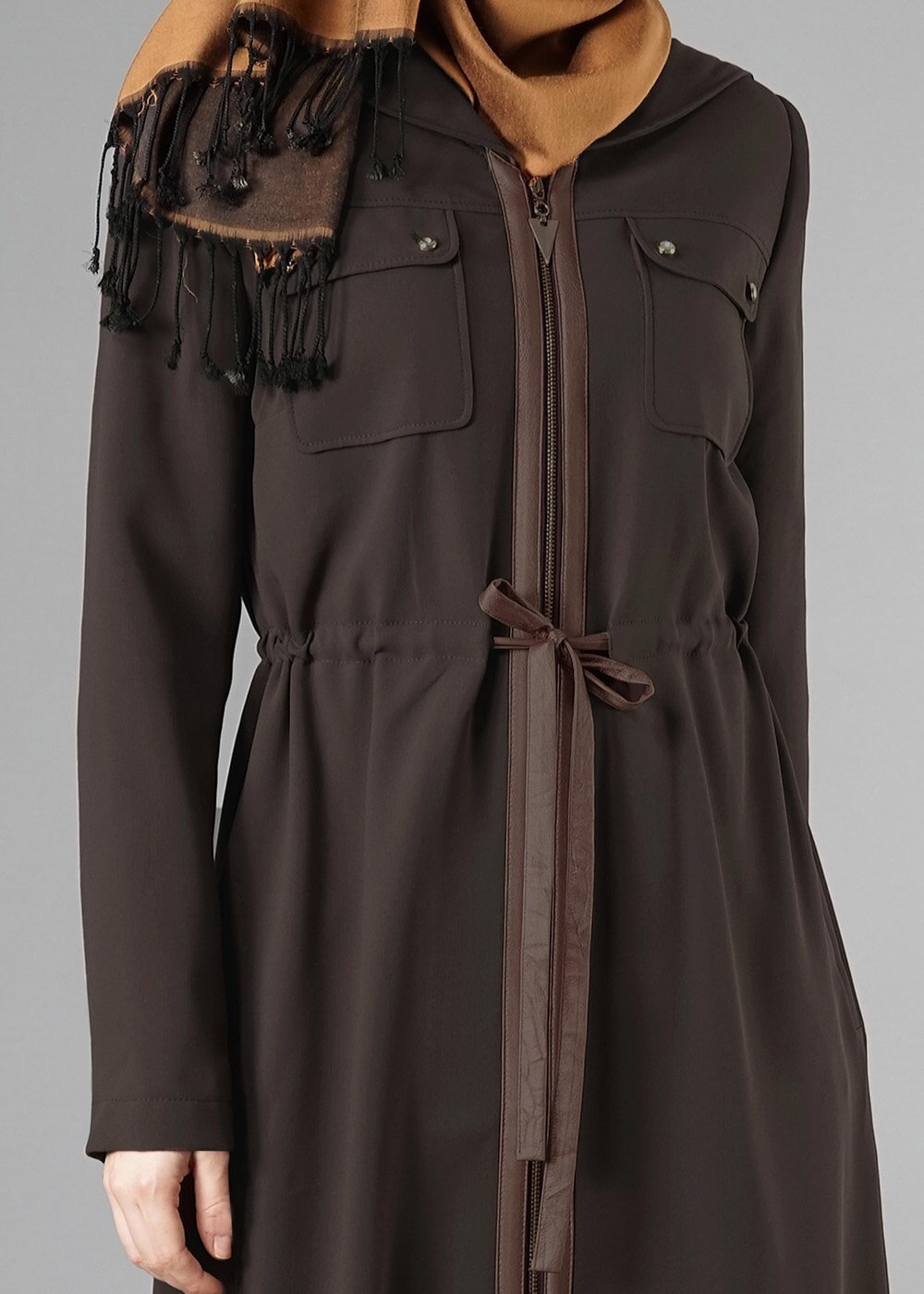 Tesettür giyim KAHVE FERMUARLI KAPÜŞONLU TRENÇKOT 1344
