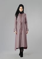 Tesettür giyim PUDRA FERMUARLI BELDEN LASTİKLİ KAPÜŞONLU TRENÇKOT 1345	