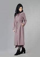 Tesettür giyim PUDRA FERMUARLI BELDEN LASTİKLİ KAPÜŞONLU TRENÇKOT 1345	
