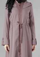Tesettür giyim PUDRA FERMUARLI BELDEN LASTİKLİ KAPÜŞONLU TRENÇKOT 1345	
