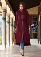Tesettür giyim BORDO FERMUARLI BELDEN LASTİKLİ KAPÜŞONLU TRENÇKOT 1345	