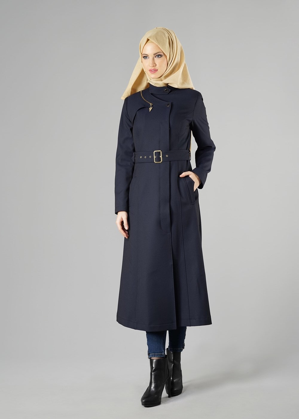Tesettür giyim LACİVERT KEMERLİ FERMUARLI TRENÇKOT 1352