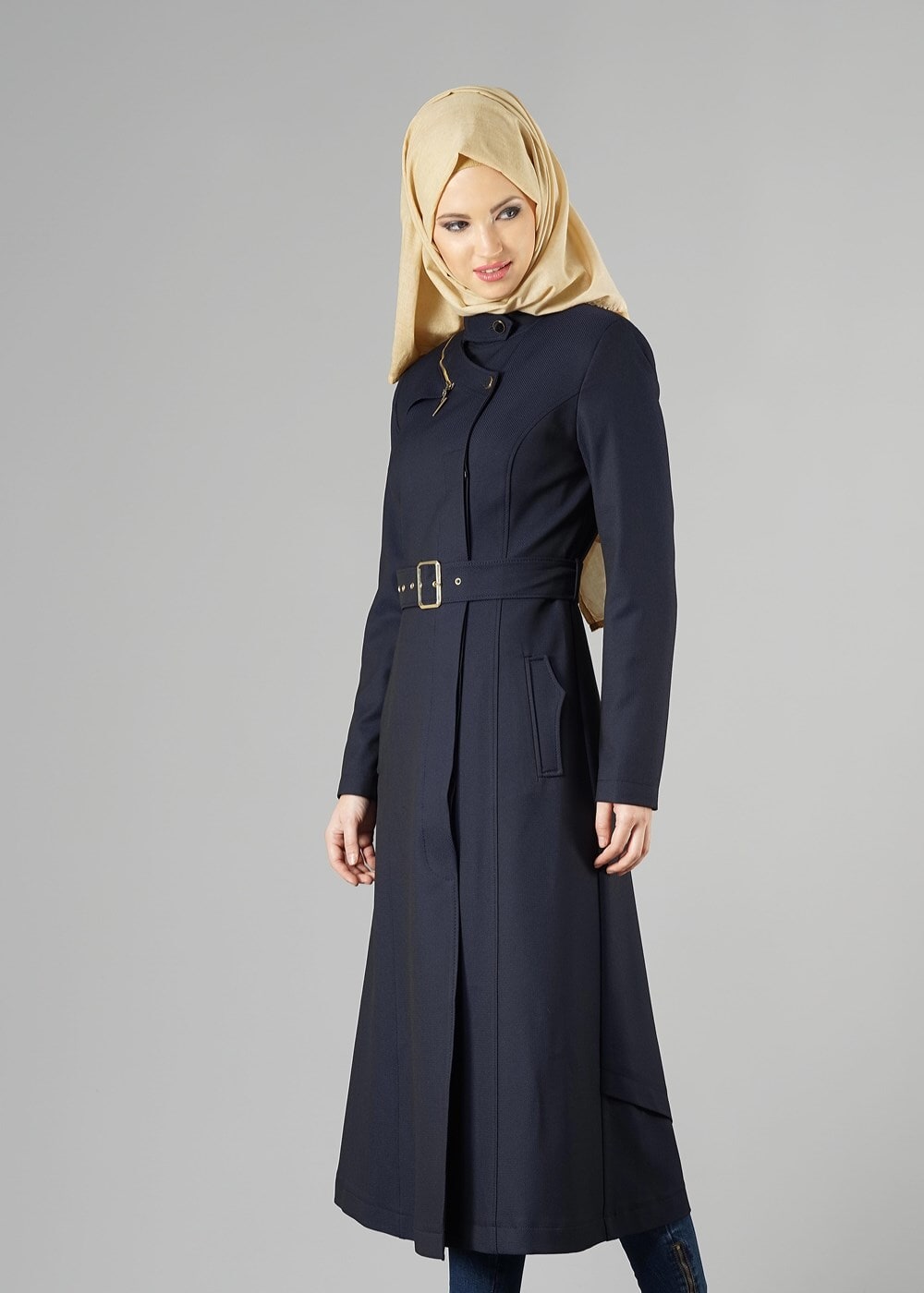 Tesettür giyim LACİVERT KEMERLİ FERMUARLI TRENÇKOT 1352
