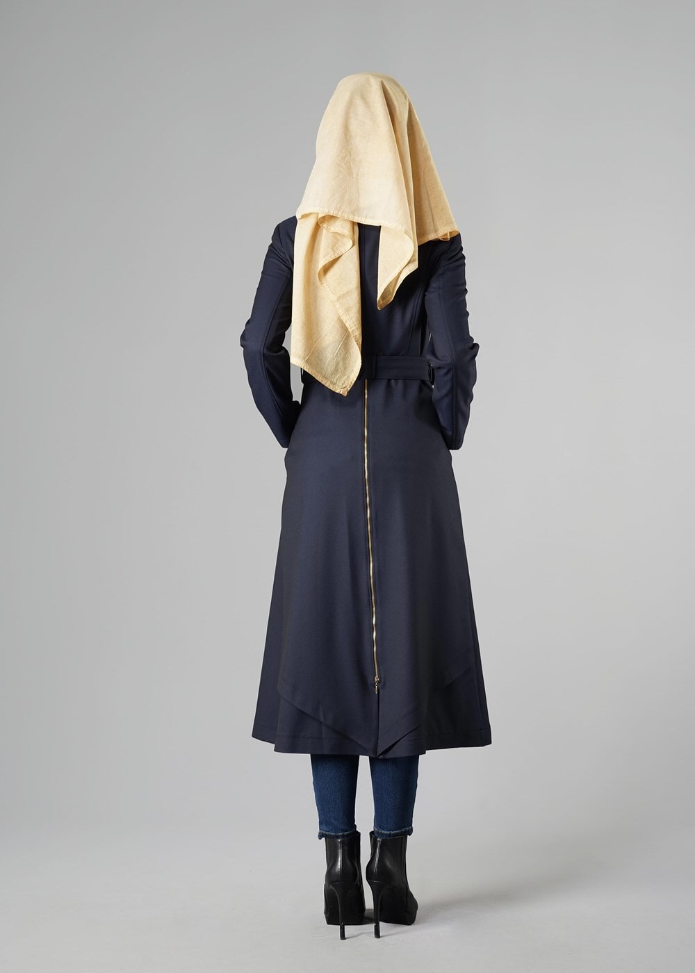 Tesettür giyim LACİVERT KEMERLİ FERMUARLI TRENÇKOT 1352